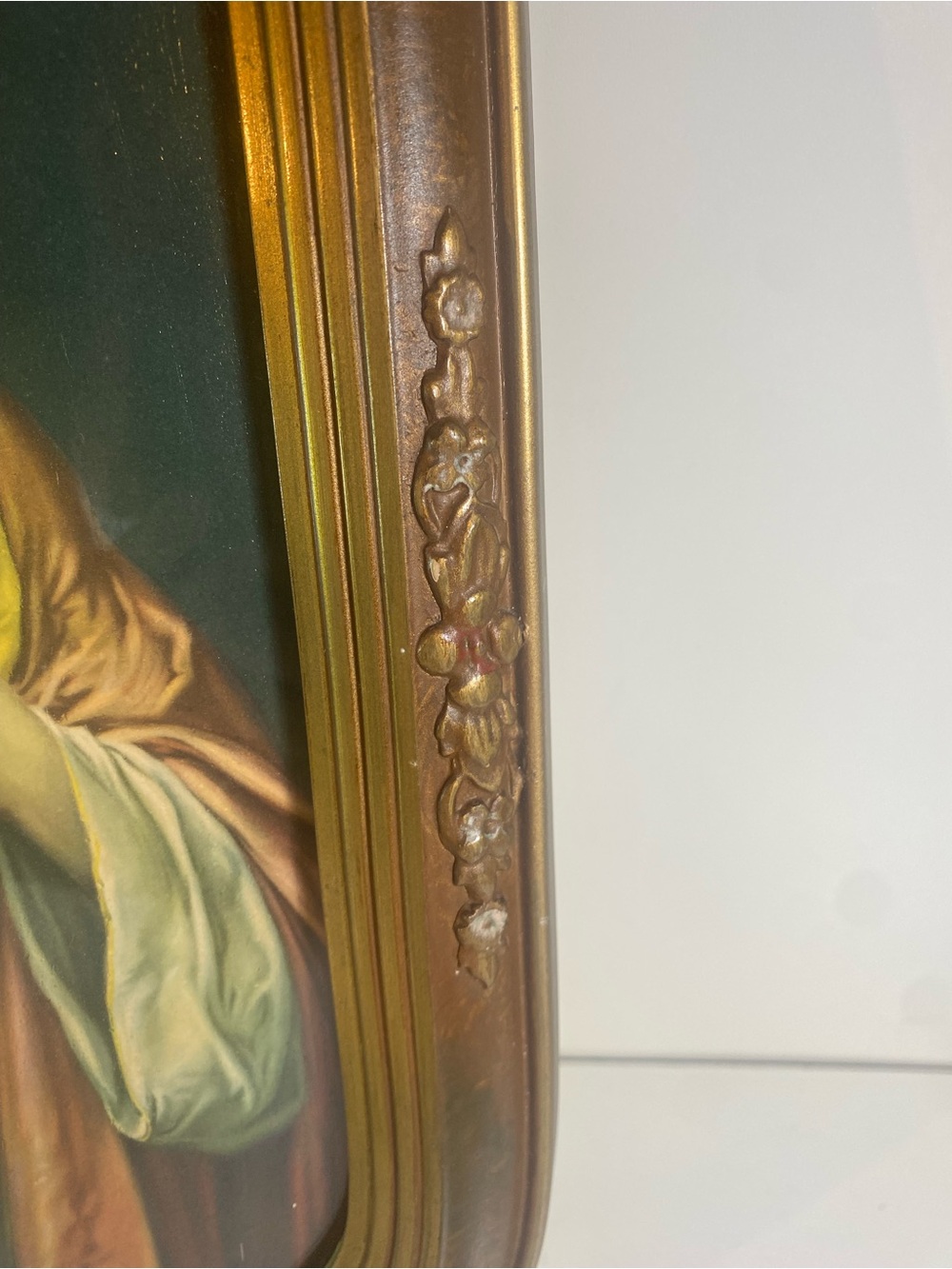 Vintage Lithograph Of The Sacred Heart Of Jesus Oval Frame Gesso Detail 12”x18” - Picture 7 of 16
